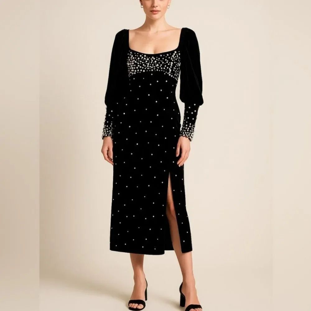 NWT Maeve Velvet Black Long Sleeve Dress with Cream White Pearl Embellished